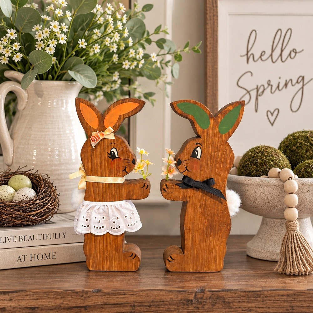 Vintage Handmade Wood Easter Bunny Rabbit Couple Folk Art Spring Decor Set of 2